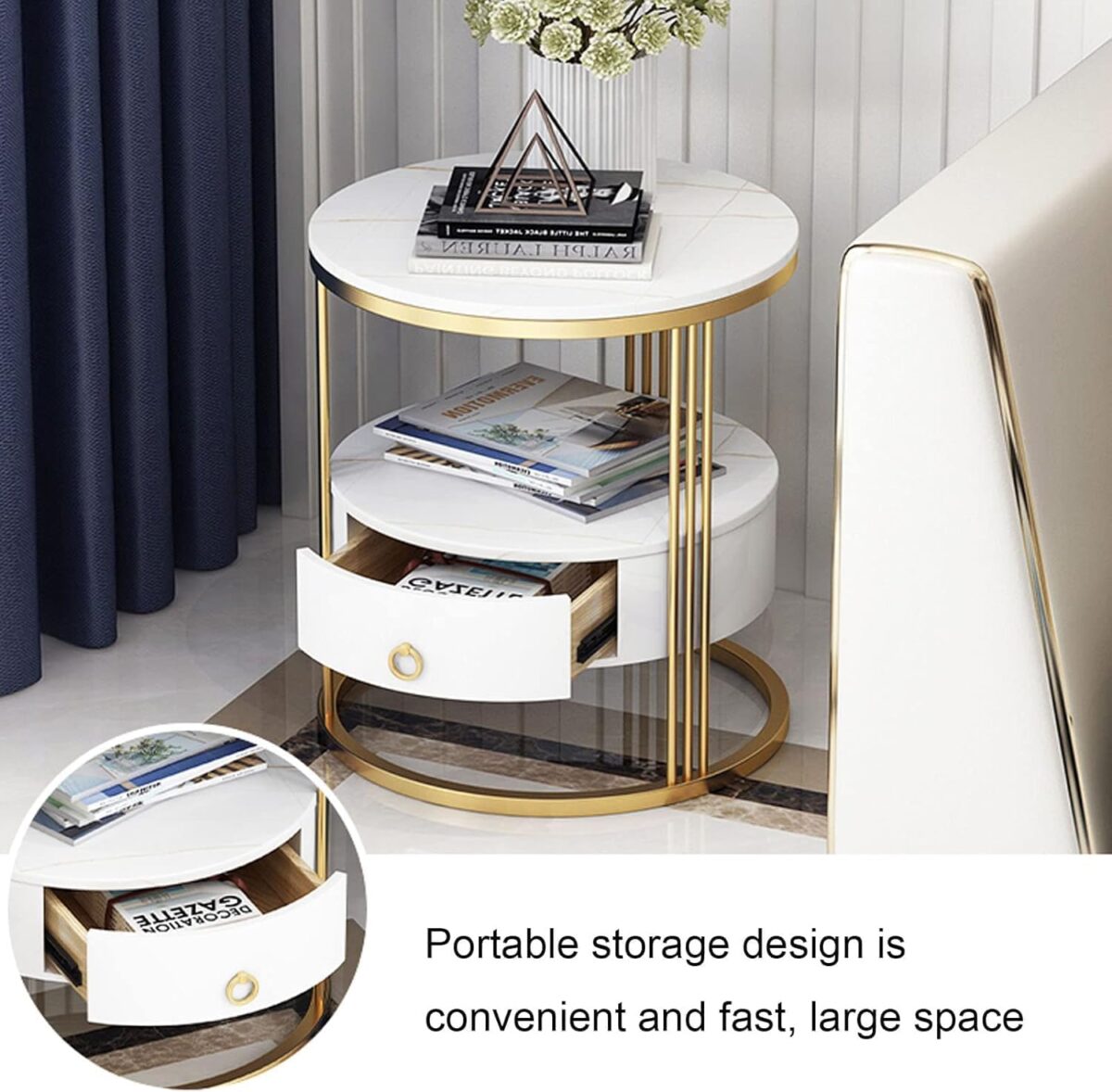 End Table, Metal Nightstand, Coffee Round Table, Sofa Side Snack Table with Drawer Storage, Top, 2-Tier Style Table for Living Room Bedroom - Image 3