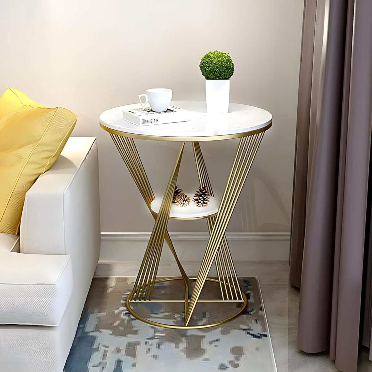 Round 2 Tier Cross Iron Coffee Table, Modern Style Sofa Side Table Metal End Tables with Gold Frame Bedside Table Coffee Table for Office & Living Room - Image 4