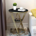 Round 2 Tier Cross Iron Coffee Table, Modern Style Sofa Side Table Metal End Tables with Gold Frame Bedside Table Coffee Table for Office & Living Room
