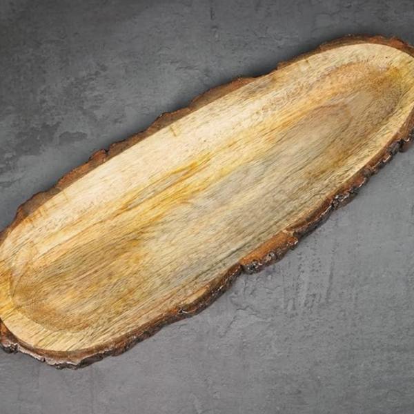 Mango Wood Handmade & Handcrafted Wooden Serving Tray (40 X 16 X 2 5 Cm)-Papaya Design Wooden Tray, Oval