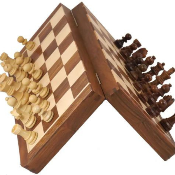 Wooden Handcrafted Foldable Magnetic Chess Board Set with Magnetic Pieces and Extra Queens for 2 Players Kids and Adults (12x12 Inches, Brown)