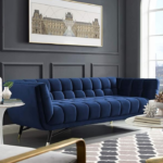 Contemporary Mid-Century Modern Performance Velvet Upholstered Tufted Sofa in Midnight Blue