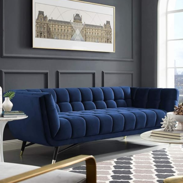 Contemporary Mid-Century Modern Performance Velvet Upholstered Tufted Sofa in Midnight Blue