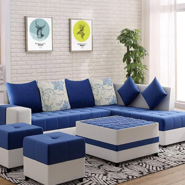 Stolino 8 Seater Fabric RHS Sectional L Shape Sofa Set with Centre Table & 2 Puffy in (Blue-Light Grey)