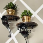 Wood And wrought Iron Wall Bracket Wall Shelf, Glossy Finish, Set Of 2, Black