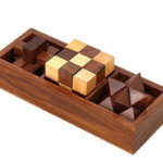 Wooden Puzzle 3 In 1 Games Set, Includes Wood Interlocking Blocks, Diagonal Burr, And Snake Cube In 7.25 X 2.8 X 1.5 Inches Storage Box, Adult