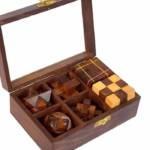 Wooden Puzzle Game Handcrafted Pure Natural Rosewood 6 in 1 Puzzle Game Set Brain Teaser for Teens and Adults & Childrens (6 Puzzle Set with Top Glass Lid Box 6 partition) (SET of 6)