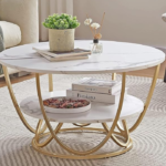 Round Modern Coffee Table for Living Room, White and Gold Coffee Table with Storage Wooden Table Top Metal