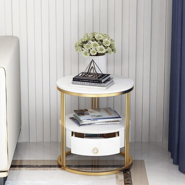 End Table, Metal Nightstand, Coffee Round Table, Sofa Side Snack Table with Drawer Storage, Top, 2-Tier Style Table for Living Room Bedroom