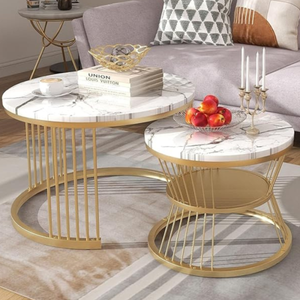 Iron Frame Marble Look Set of 2 Coffee Table Snackes Tea Table Sofa Center Table for Living Room Bedroom or Any Apartment