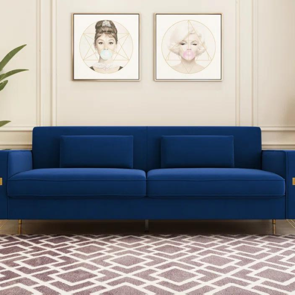 Velvet Square Arm Sofa (Navy Blue)