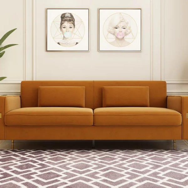 Velvet Square Arm Sofa (Orange Velvet)