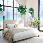 Platform Bed with Fabric Upholstered Headboard and Wooden Slats