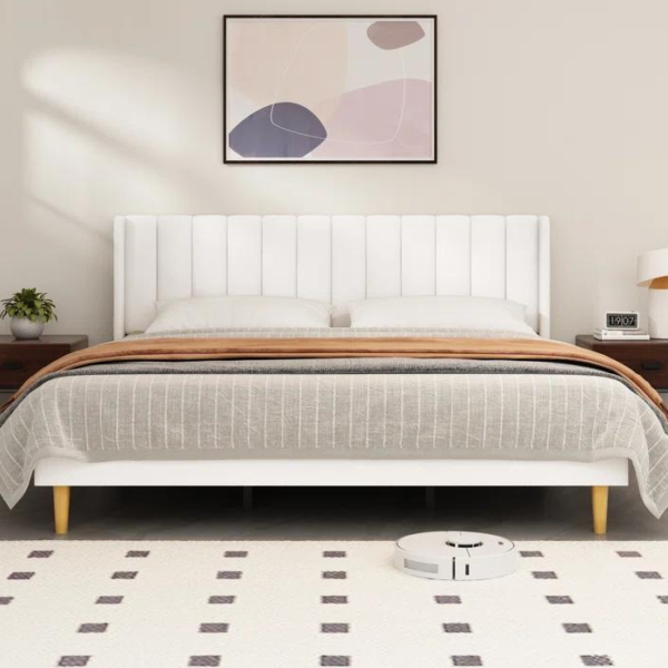 Upholstered Platform Bed Frame with Wingback Headboard