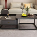 Marble Finish Square Set of Coffee Tables 2 Piece Stacking Tea Tables or Center Table with Storage Dawer and Golden Metal Frame for Living Room Bedroom