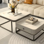 Marble Finish Square Set of Coffee Tables 2 Piece Stacking Tea Tables or Center Table with Storage Dawer and Golden Metal Frame for Living Room Bedroom