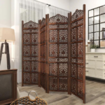 Wood Hinged 4 Panel Floral Partition Room Divider Screen with Intricately Carved Designs