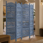 Wood Hinged 4 Panel Floral Partition Room Divider Screen with Intricately Carved Designs