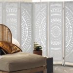 Wood Hinged 4 Panel Floral Partition Room Divider Screen with Intricately Carved Designs