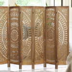Wood Hinged 4 Panel Floral Partition Room Divider Screen with Intricately Carved Designs