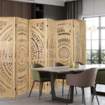 Wood Hinged 4 Panel Floral Partition Room Divider Screen with Intricately Carved Designs
