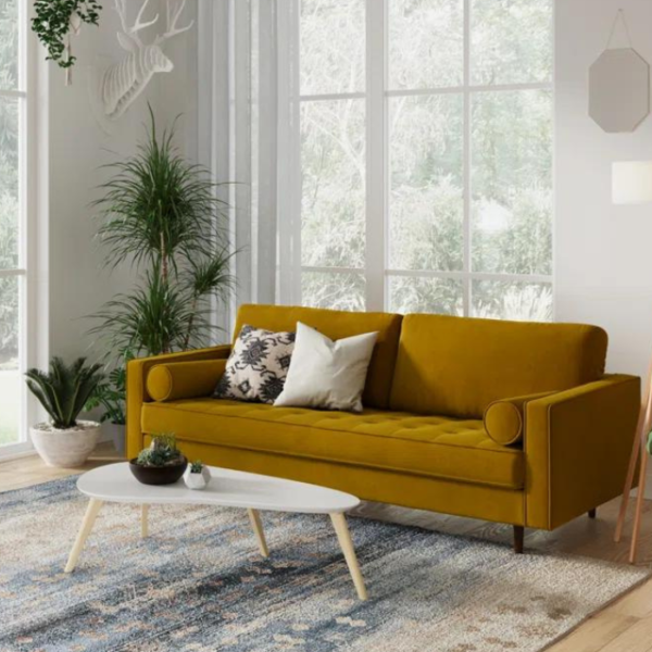 Rae Upholstered Velvet Sofa (Yellow)