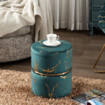 Round Velvet Ottoman with Gold Marbling and Metal Accent (Atrovirens)