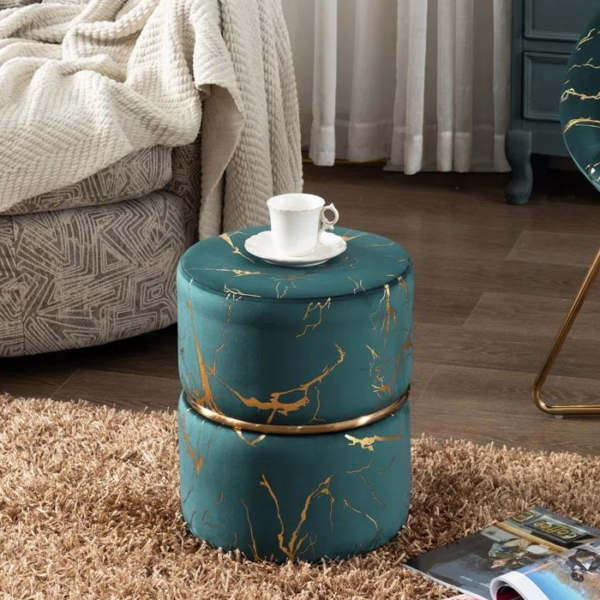 Round Velvet Ottoman with Gold Marbling and Metal Accent (Atrovirens)