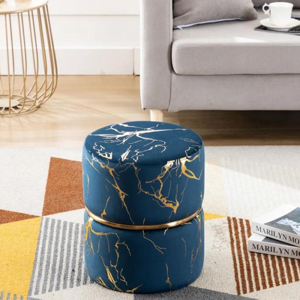 Round Velvet Ottoman with Gold Marbling and Metal Accent (Blue Velvet)