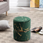 Round Velvet Ottoman with Gold Marbling and Metal Accent (Green)