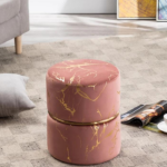 Round Velvet Ottoman with Gold Marbling and Metal Accent (Pink)