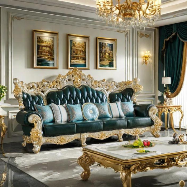 Baroque Luxury: Hand-Carved Wooden Sofa with Ornate Detailing